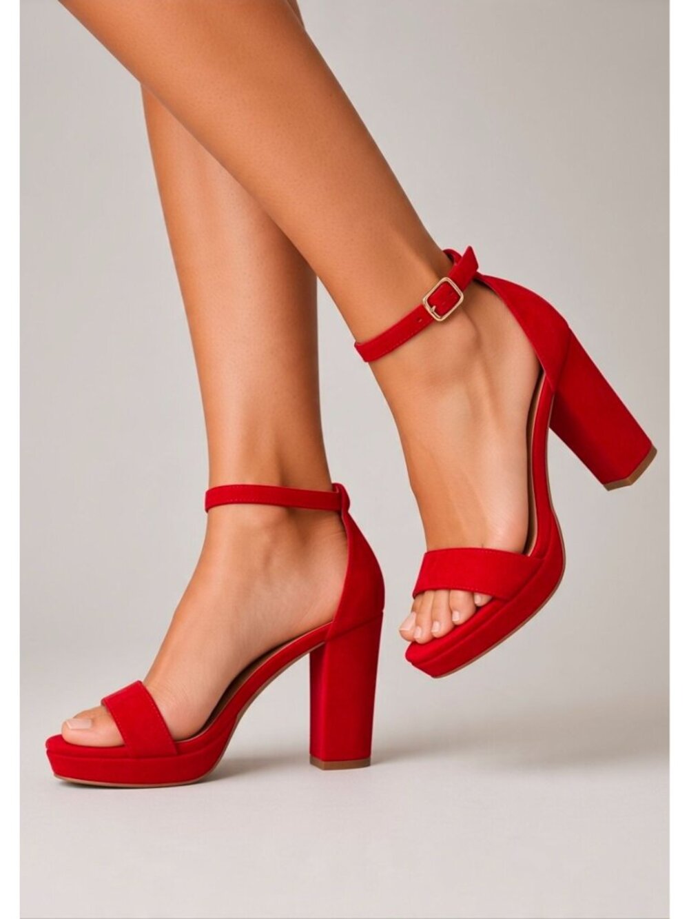 Red Faux Suede Block Heel Sandals With Adjustable Ankle Strap